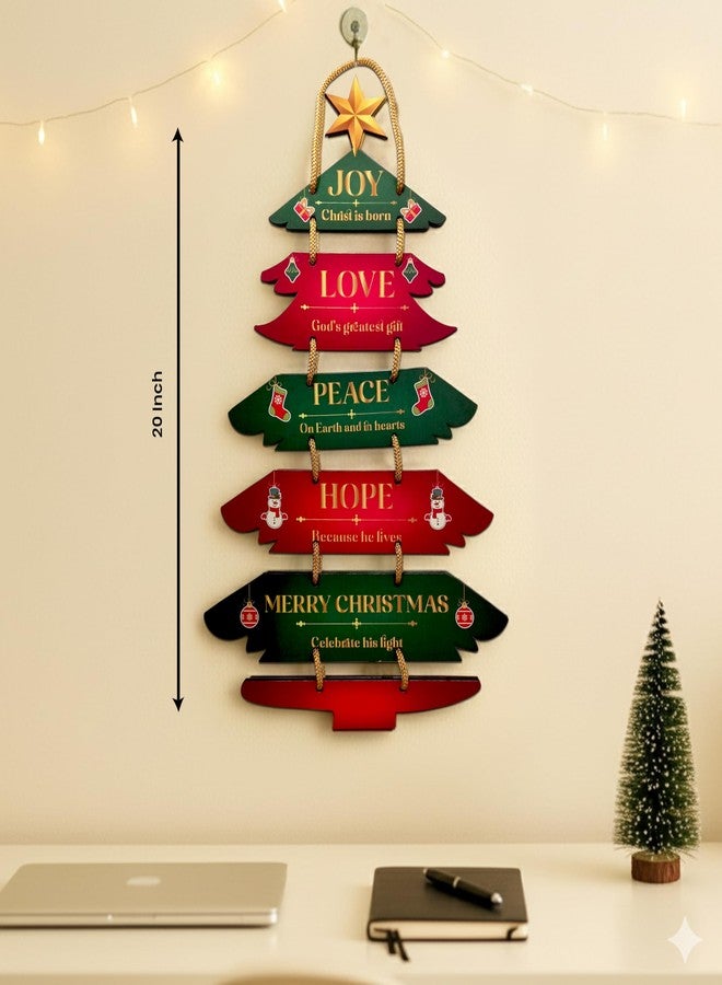 Solobolo Wooden Christmas Tree Wall Hanging Décor | Joy Love Peace Hope Merry Christmas Tree with Golden Rope Hanger | Rustic Wall Decorations for Home, Office, Café & Church | Festive Gift Idea - Image 2