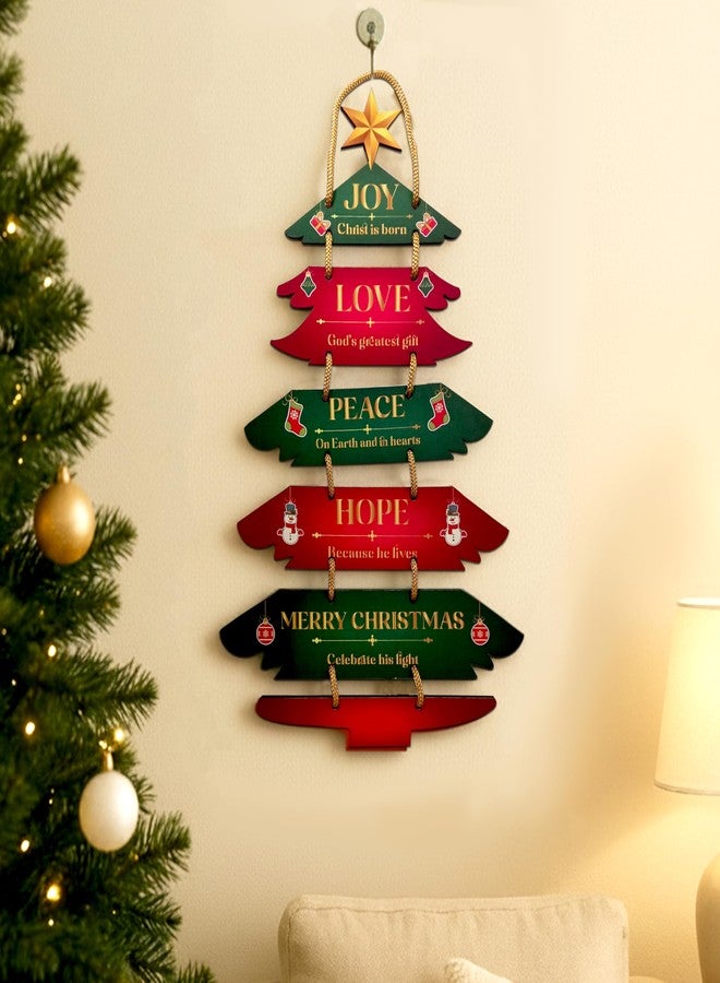 Solobolo Wooden Christmas Tree Wall Hanging Décor | Joy Love Peace Hope Merry Christmas Tree with Golden Rope Hanger | Rustic Wall Decorations for Home, Office, Café & Church | Festive Gift Idea - Image 3