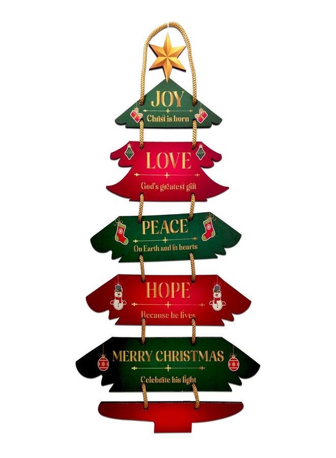 Solobolo Wooden Christmas Tree Wall Hanging Décor | Joy Love Peace Hope Merry Christmas Tree with Golden Rope Hanger | Rustic Wall Decorations for Home, Office, Café & Church | Festive Gift Idea - Image 1