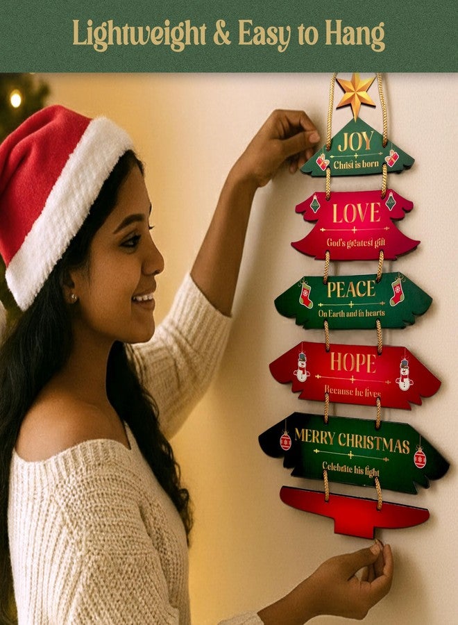 Solobolo Wooden Christmas Tree Wall Hanging Décor | Joy Love Peace Hope Merry Christmas Tree with Golden Rope Hanger | Rustic Wall Decorations for Home, Office, Café & Church | Festive Gift Idea - Image 4