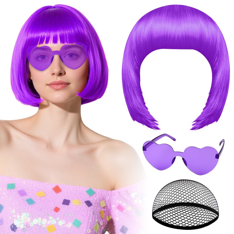 PLULON Hot Pink-Color Bob Wig with Heart Sunglasses Neon Colored Party Wig - Image 1