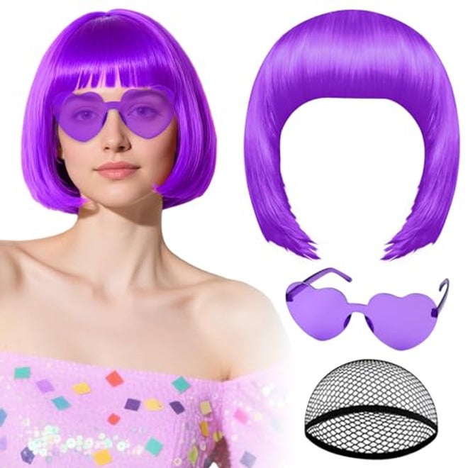 PLULON Hot Pink-Color Bob Wig with Heart Sunglasses Neon Colored Party Wig - Image 2