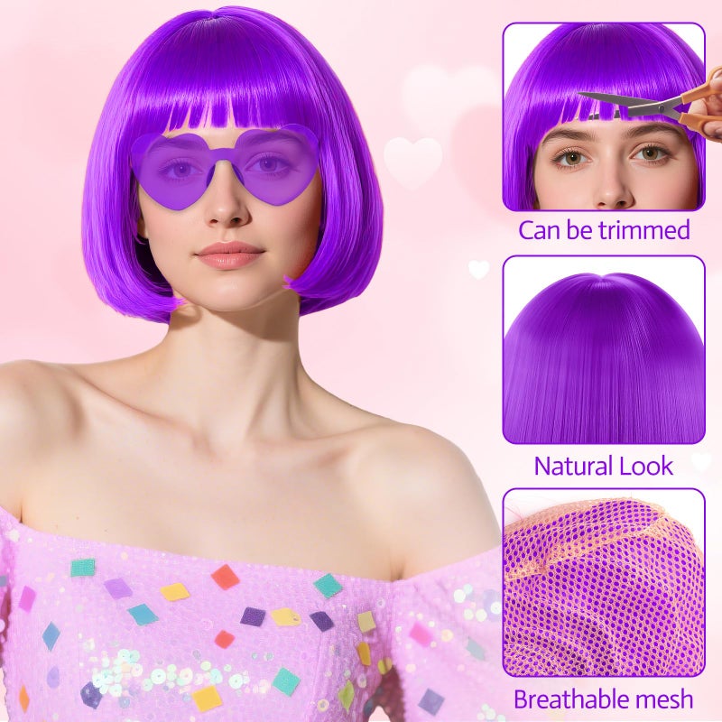 PLULON Hot Pink-Color Bob Wig with Heart Sunglasses Neon Colored Party Wig - Image 4