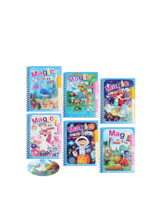 6 Pack Magic Water Coloring Book, Magic Painting Books with Water Pen Mess Free Coloring Books for Toddler 2-4Years Reusable Coloring Book-Children - Image 1