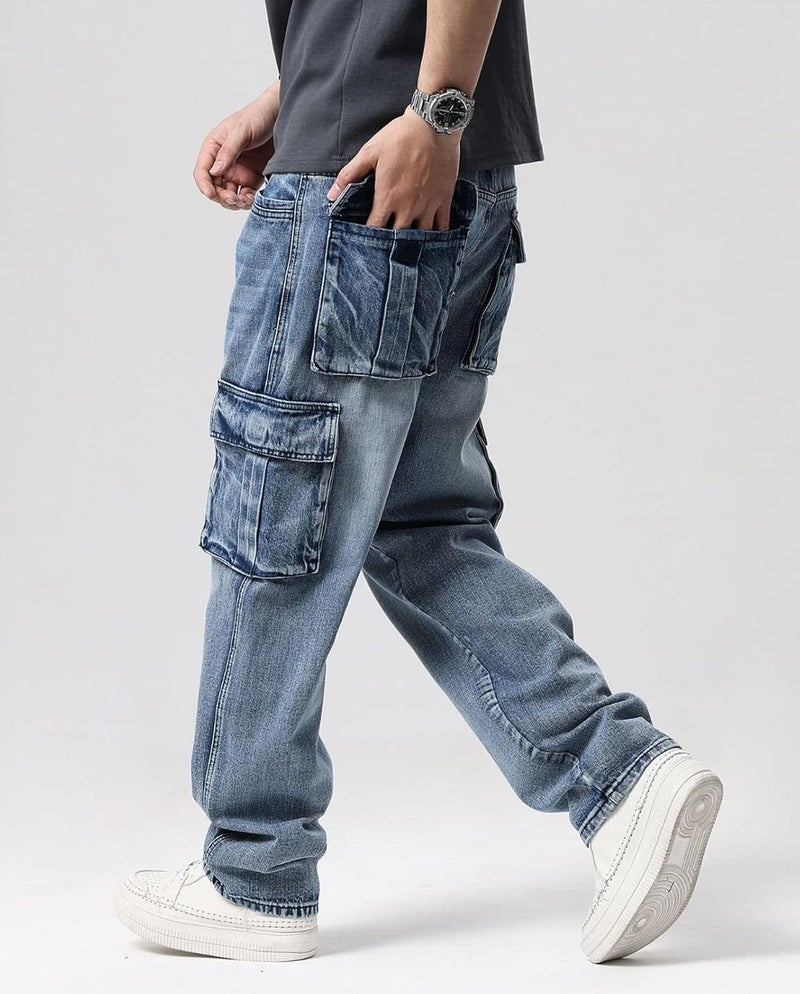 Idopy Men's Loose Fit Motorcycle Multi-Pockets Workwear Denim Cargo Jeans Plus Size - 2671 Blue, Size 32 - Image 3