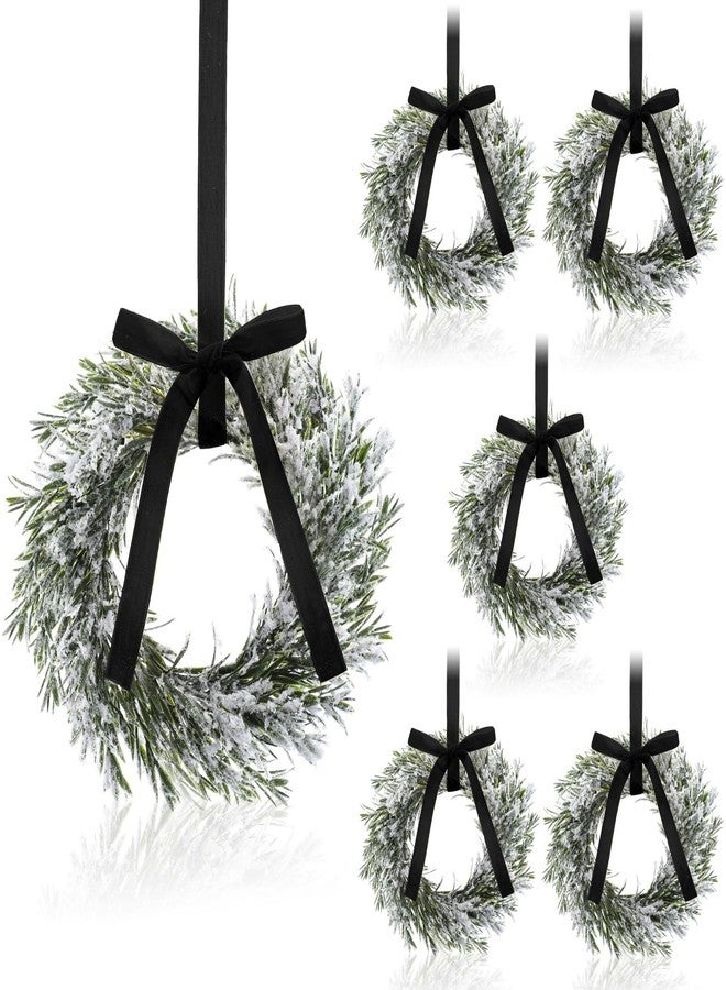 Maysing 6 Pcs 9.8" Christmas Cabinets Wreaths for Kitchen Snowy Cedar Wreath with Ribbon Bows Artificial Hanging Wreaths Garland Decorations for Home Window Door Porch Holiday Party Decor(Black) - Image 1