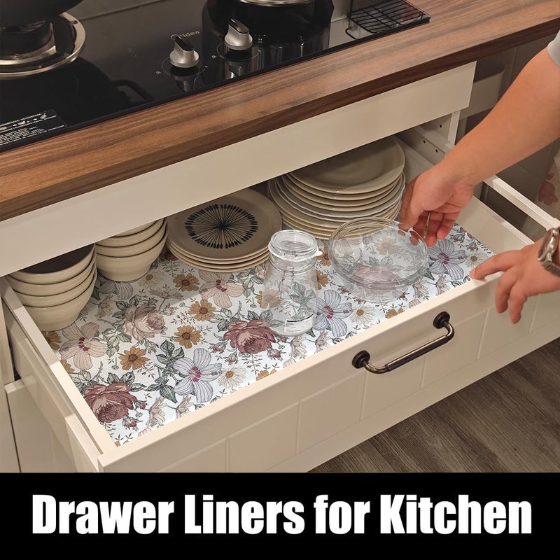 Amiitay Floral Drawer Shelf Liners, Non Adhesive and Strong Non-Slip Cabinet Drawer Shelf Liners for Kitchen Wire Fridge, Waterproof Shelf Liner,Easy to Clean,12IN x 10FT - Image 3