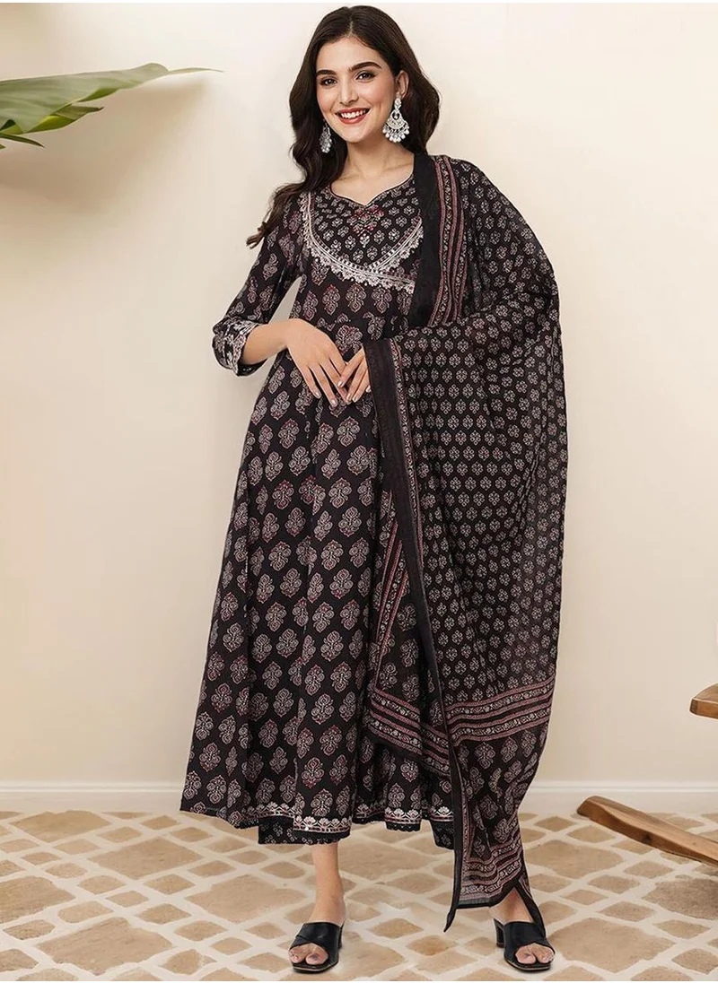آي شين Women's Black 100% Cotton Embellished Tunic Full Length Casual Straight Fit Kurta Set