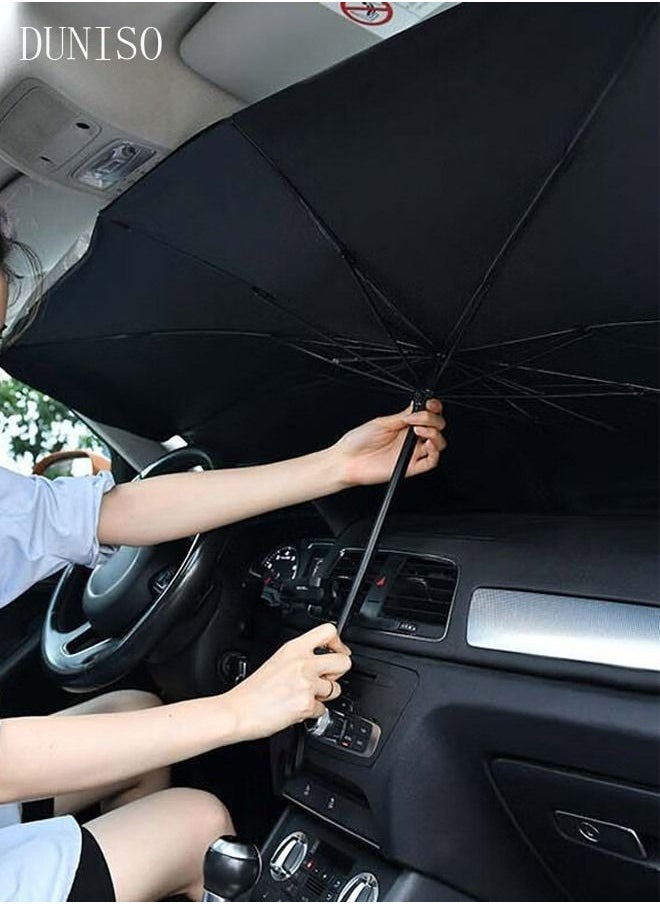 DUNISO Car Windshield Sunshade Umbrella Pull Ring Car Sun Shade Front Window Cover Foldable Sunshade Umbrella for UV Ray Block Sun Heat Protection for Most Vehicles Automotive Interior  - Image 2