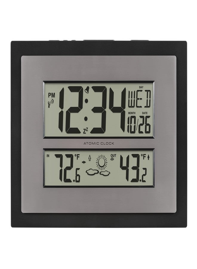 La Crosse Technology 512-85937-INT Atomic Digital Wall Clock with Temperature & Forecast in Gray/Silver - Image 1