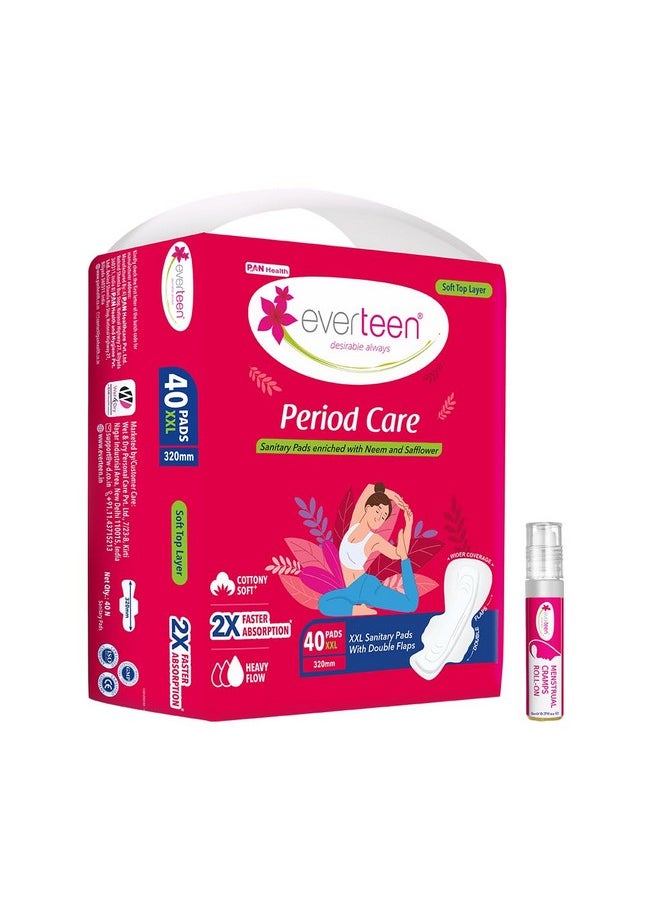everteen Combo 40 Xxl Soft Neem Safflower Sanitary Pads For Women With Free Menstrual Period Pain Relief Cramps Roll-On  - Image 1