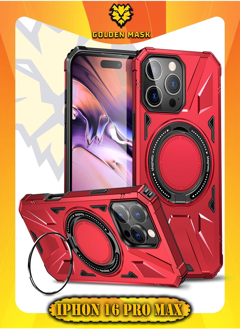 جولدن ماسك جولدن ماسك لهاتف ايفون 16 برو ماكس (iPhone 16 Pro Max) جراب هاتف مغناطيسية مقاومة للصدمات من ماج سيف مع حامل حلقي - (احمر) 