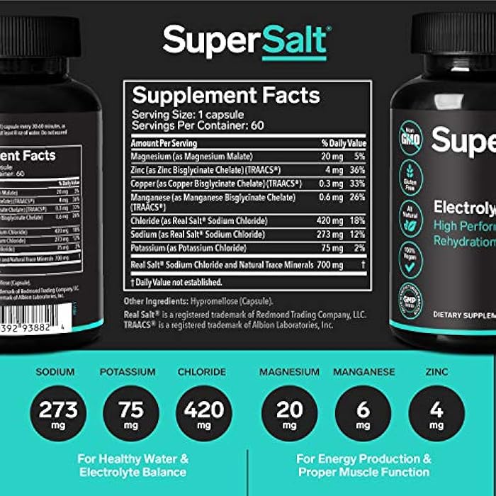 SuperSalt Keto Electrolyte Supplement, Salt Replacement Tablets for Rapid Oral Rehydration & Post Workout Recovery, Magnesium, Zinc, Sodium, Copper | 60 Capsules | Stop Leg Cramps and Restore Energy - Image 3