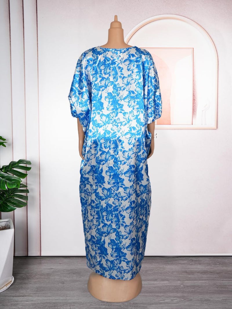 HD African Print Bubu Dress for Woman V Neck Blue Front Slit Caftan Gown - Image 4