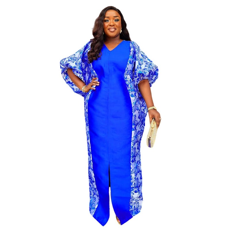 HD African Print Bubu Dress for Woman V Neck Blue Front Slit Caftan Gown - Image 1