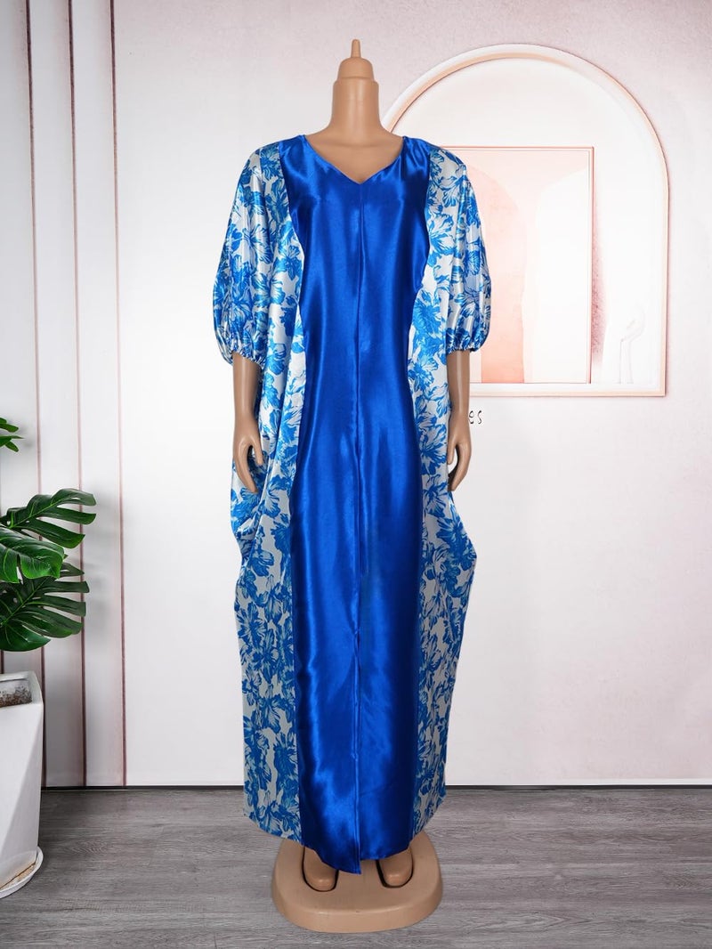 HD African Print Bubu Dress for Woman V Neck Blue Front Slit Caftan Gown - Image 2