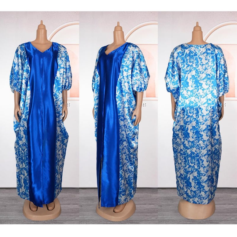 HD African Print Bubu Dress for Woman V Neck Blue Front Slit Caftan Gown - Image 5