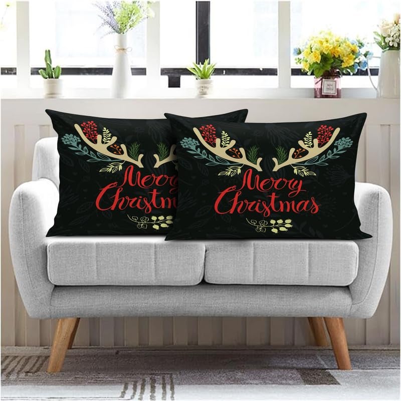 BMRGIFTS Jute Fabric Designer Decorative Printed Merry Christmas Theme Pillow Cover Xmas Decorations for Sofa Living Bed Room Set of 2, 12x18 inch Multi (CHMPC99) - Image 2