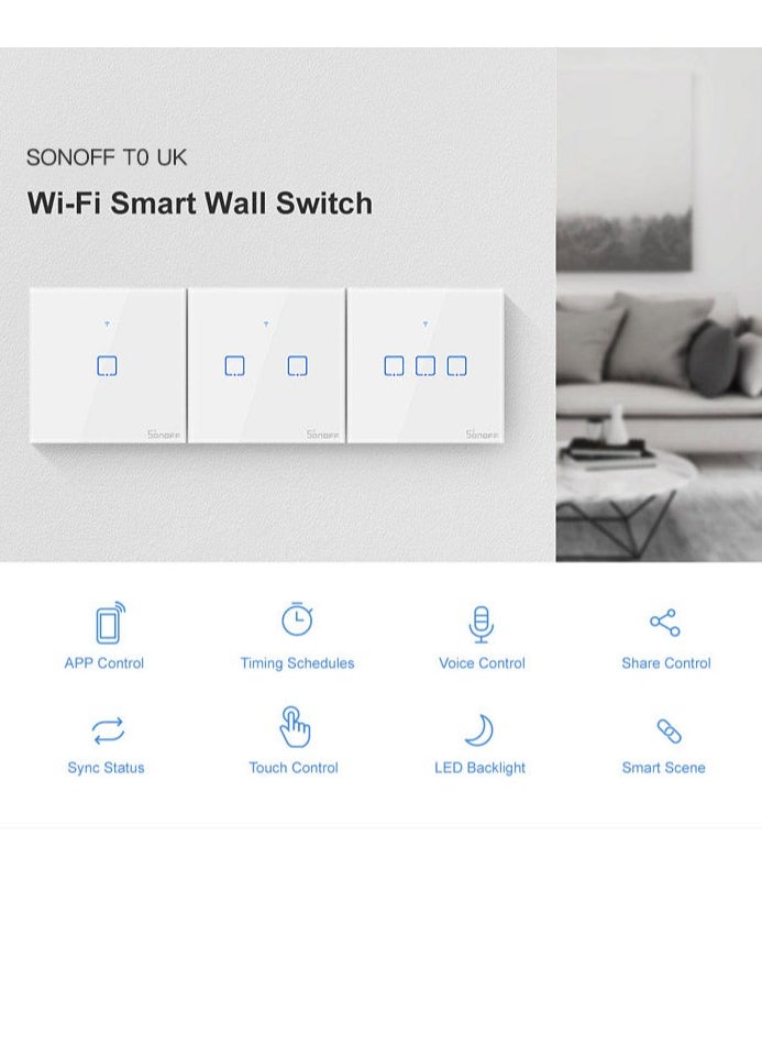 SONOFF - Smart WiFi Wall Light Switch APP/Touch Control Timer UK Standard Panel Smart Switch Compatible with Google Home/Nest & Alexa - Image 1