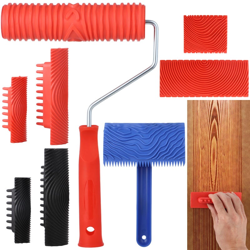 Wood Graining Tool 8PCS Wood Grain Painting Tool Set Wood Grain Painting Roller with Handle DIY Rubber Wood Graining Decorating Tool for Walls Floors Decks Furniture 8