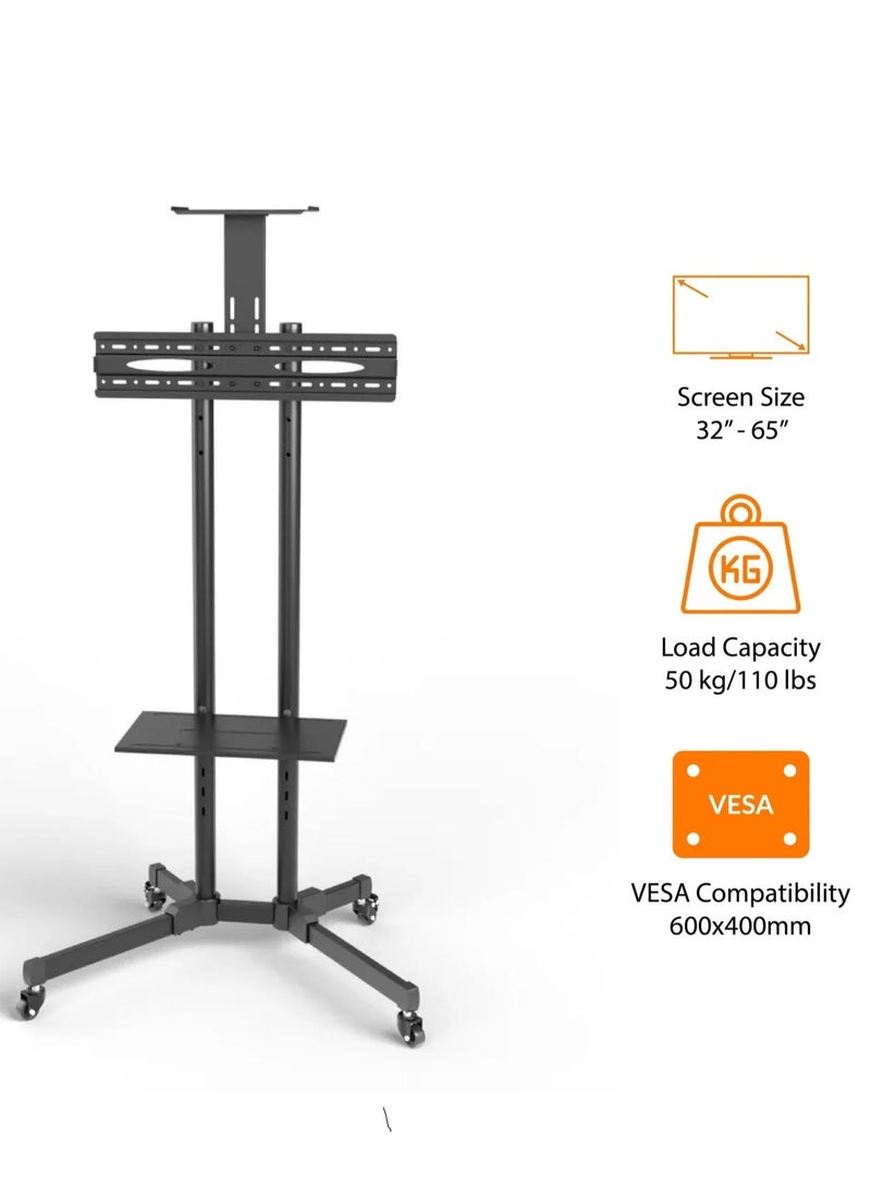 BEETEC Height Adjustable Mobile TV Cart for 32"-65" TVs up to 50 kg/110 lbs with VESA Compatibility up to 600x400mm, +10° to -10° Tilt, Black - TF-T1500 - Image 2