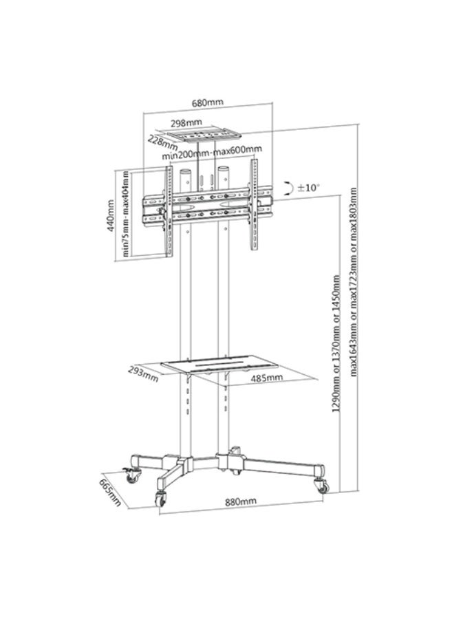 BEETEC Height Adjustable Mobile TV Cart for 32"-65" TVs up to 50 kg/110 lbs with VESA Compatibility up to 600x400mm, +10° to -10° Tilt, Black - TF-T1500 - Image 5