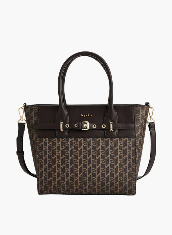 Paprika Monogram Print Tote Bag with Double Handle and Zip Closure