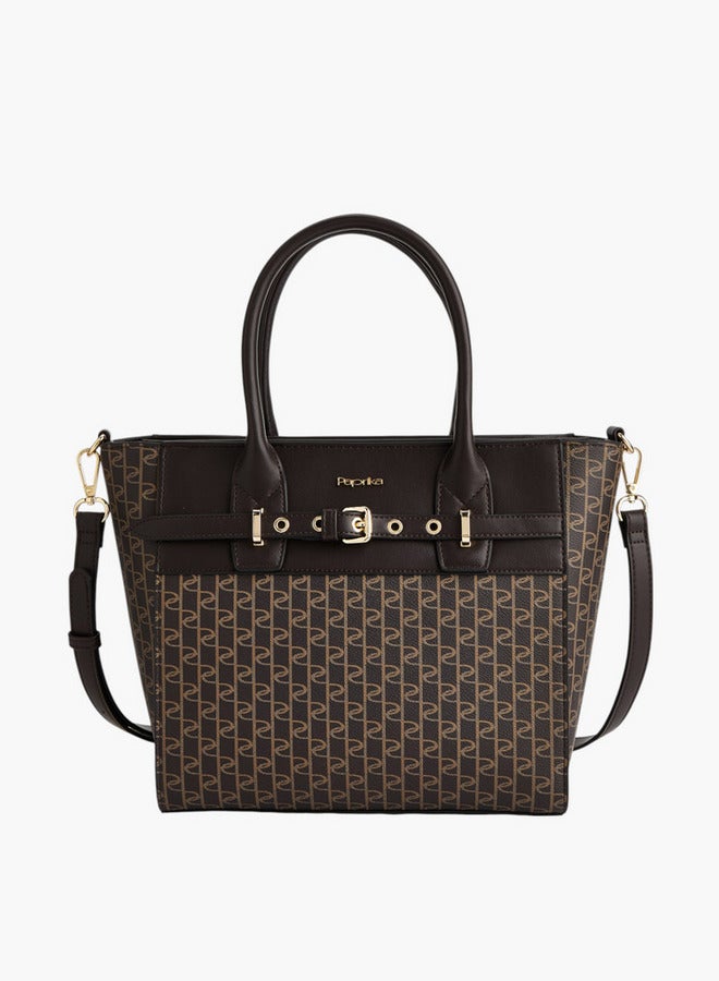 Paprika Monogram Print Tote Bag with Double Handle and Zip Closure  - Image 1