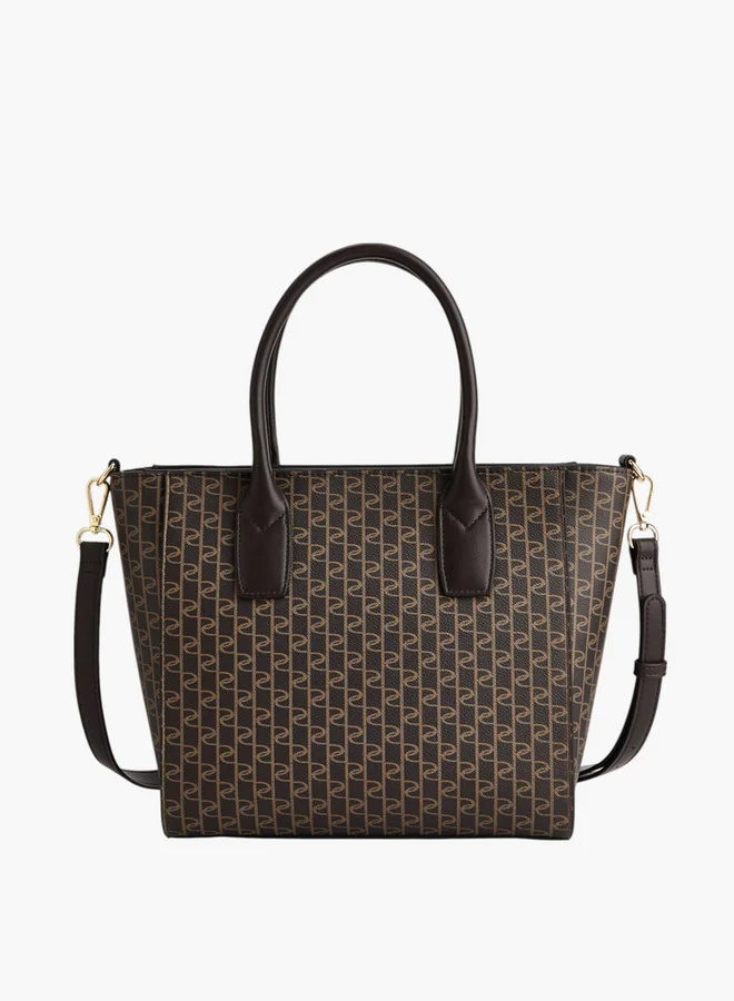 Paprika Monogram Print Tote Bag with Double Handle and Zip Closure