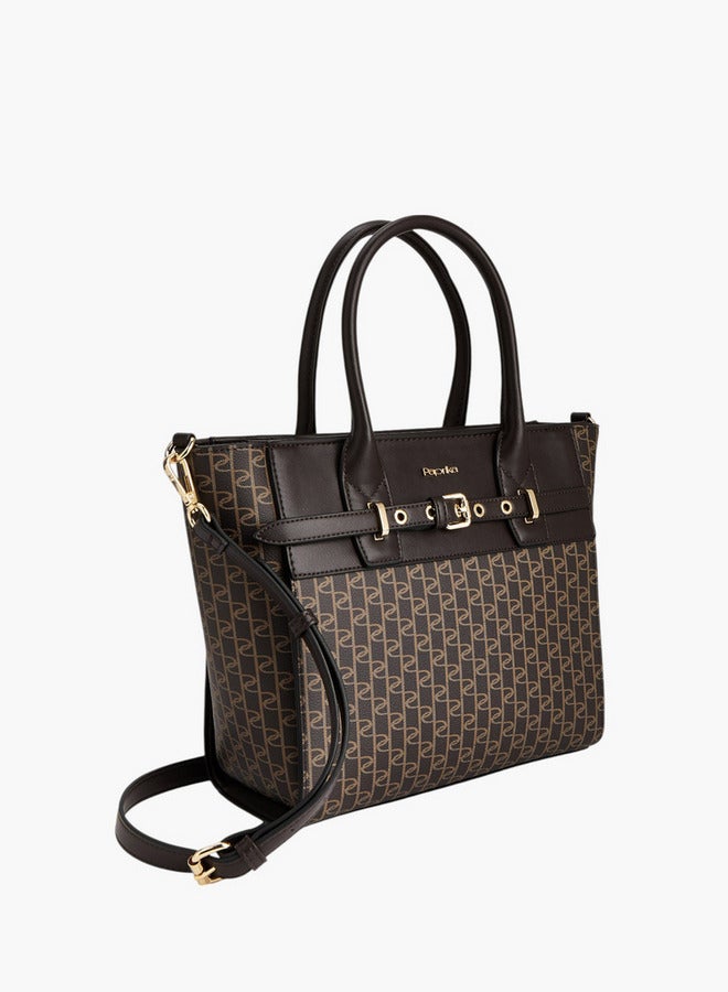 Paprika Monogram Print Tote Bag with Double Handle and Zip Closure  - Image 3