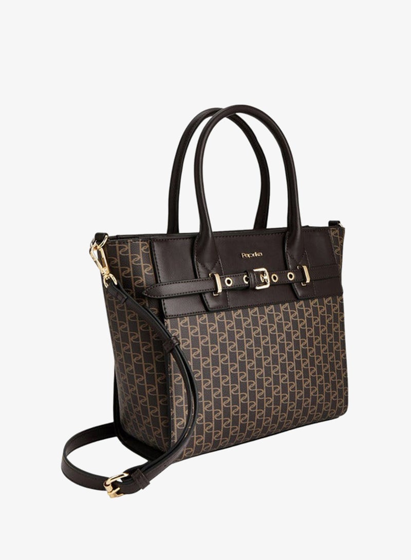 Paprika Monogram Print Tote Bag with Double Handle and Zip Closure - Image 3
