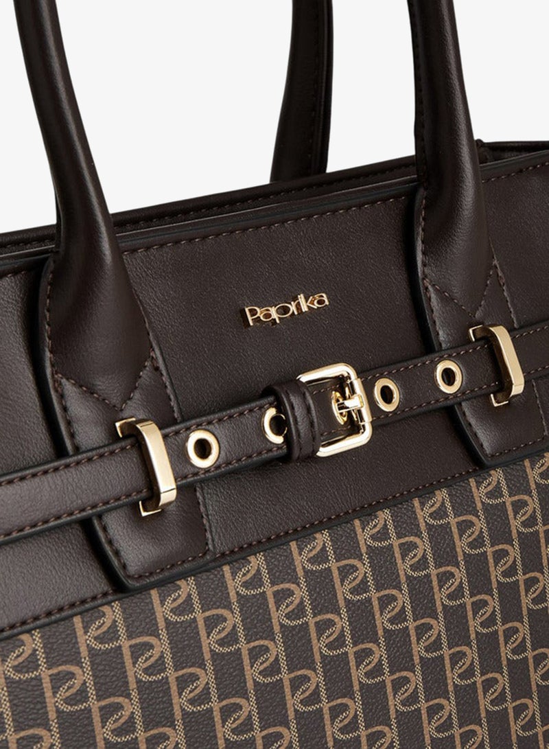Paprika Monogram Print Tote Bag with Double Handle and Zip Closure - Image 4