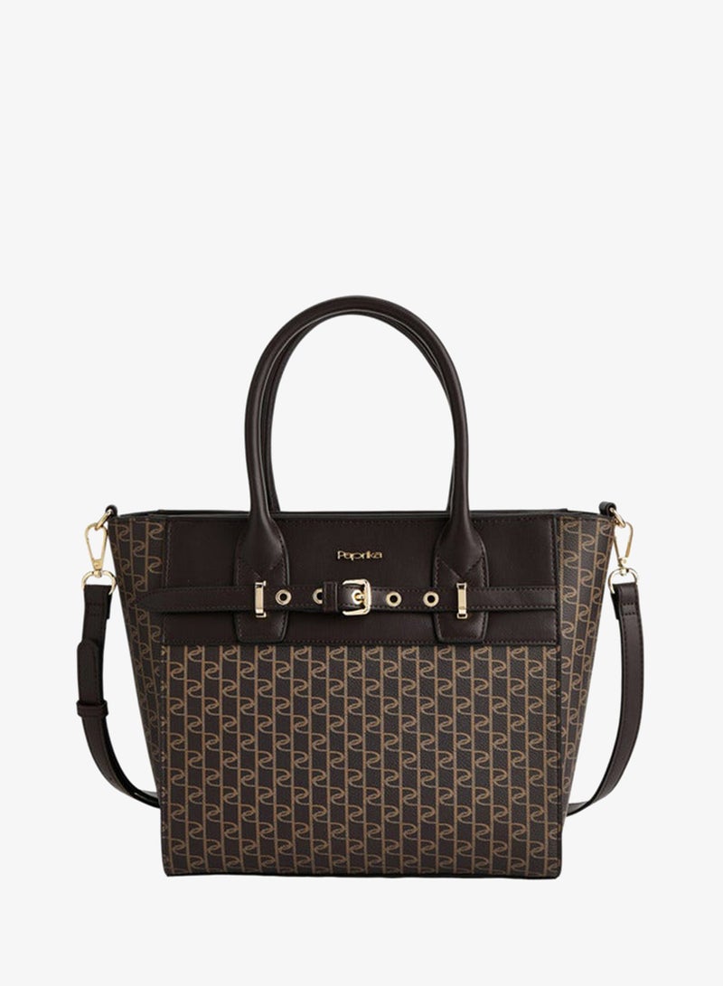 Paprika Monogram Print Tote Bag with Double Handle and Zip Closure - Image 1
