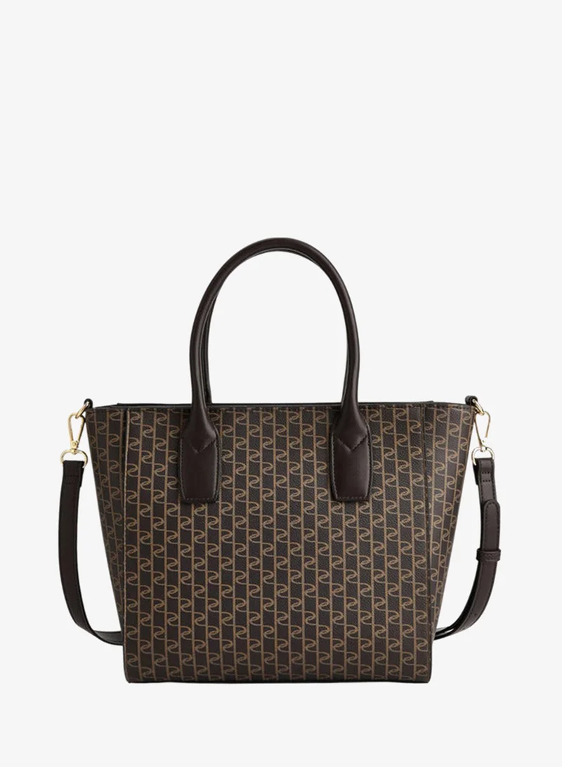 Paprika Monogram Print Tote Bag with Double Handle and Zip Closure