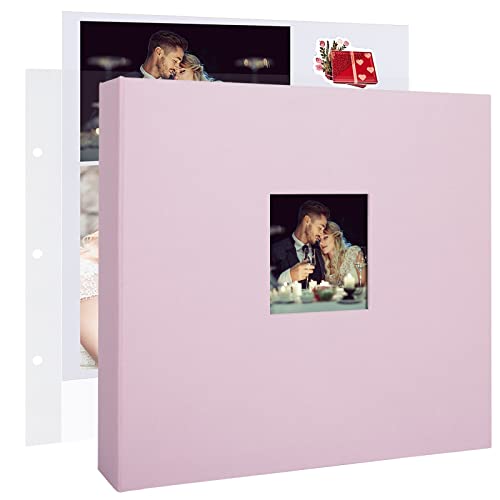 1DOT2 12x12 Inch Large 3 Ring DIY Scrapbook Photo Album Journal with 30 Plastic Sleeves 60 Pages and Fabric Cover for Baby Travel Wedding Couple Anniversary kids Adventure (Pink Cover/White Pages) - Image 1