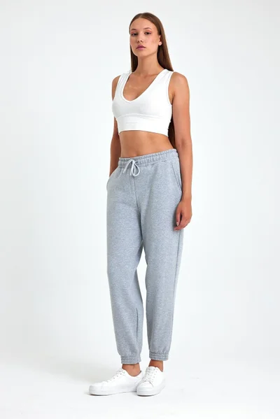 mmetalic Women's Gray Cotton Thick Leg Elastic High Waist Casual Jogger Sweatpants
