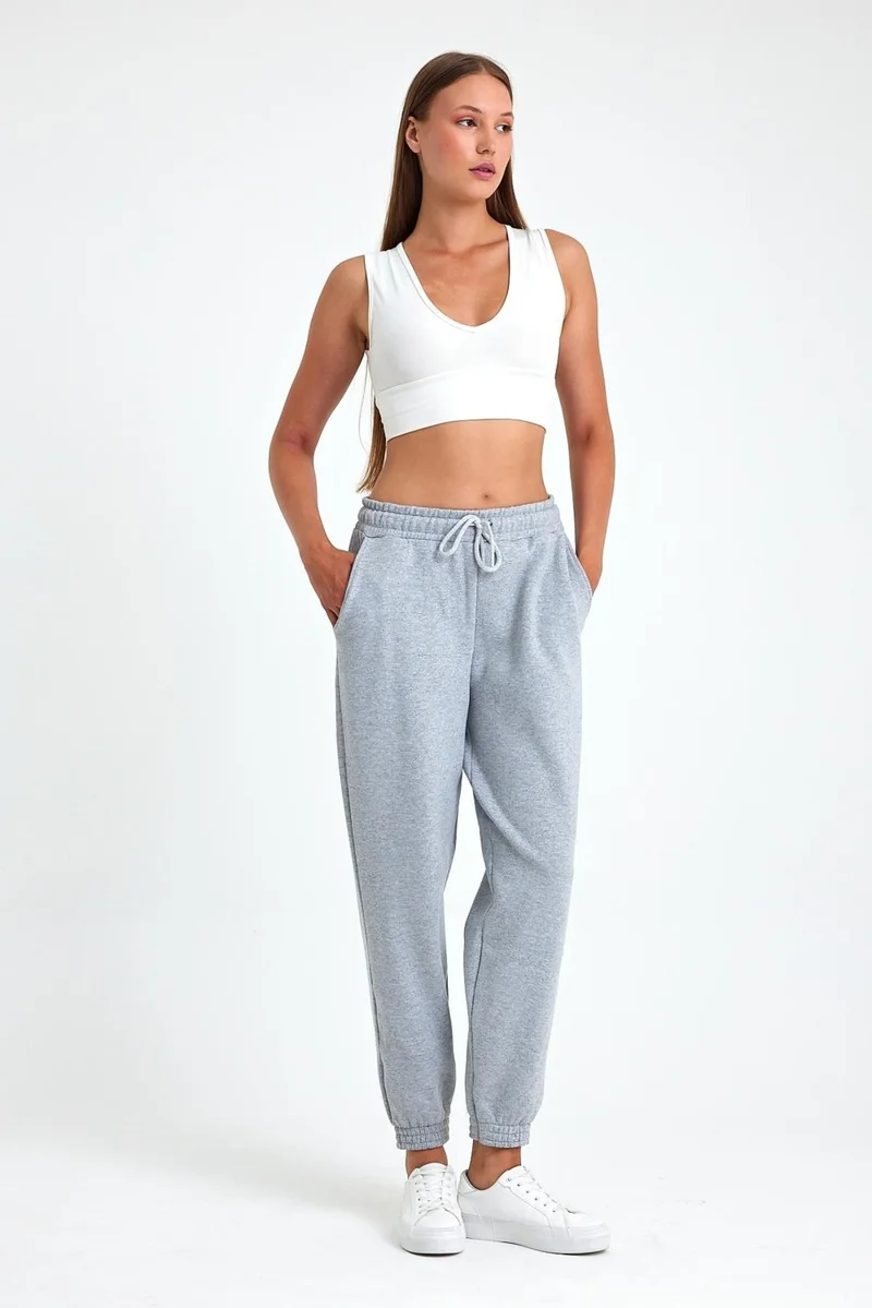 mmetalic Women's Gray Cotton Thick Leg Elastic High Waist Casual Jogger Sweatpants