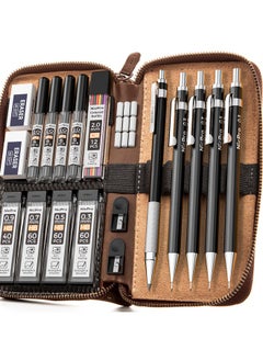 Nicpro 20Pcs Black Metal Mechanical Pencil Set In Leather Case, 0.3, 0.5, 0.7, 0.9 Mm & 2Mm Lead Pencil Holders, (4B 2B Hb 2H) Lead Refills (Black & Colors), Erasers For Art Drafting Sketching Drawing  - Image 1