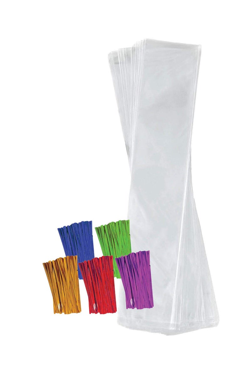 Purple Q Crafts Purple Q Crafts Clear Plastic Cellophane Bags with 4 Colored Twist Ties for Gifts Party Favors 2x10 100 Pack