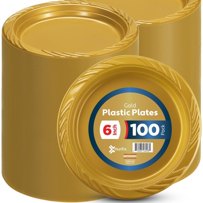 6 INCH GOLD PLASTIC PLATES 100 BULK PACK DISPOSABLE CAKE PLATES FOR DESSERT APPETIZERS BBQ PARTY TRAVEL AND EVENTS MICROWAVABLE RECYCLABLE