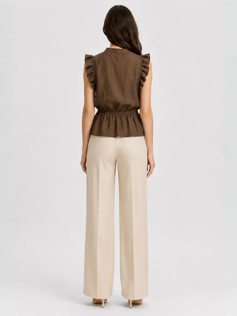 Mixray Walnut Brown MIXRAY Textured Jacquard Peplum Blouse for Women | Best Price UAE