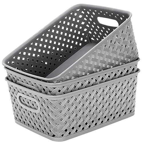 MaxGear Organization and Storage 3 Packs Plastic Bins Organizer Bins Woven Baskets for Storage Plastic Baskets with Handles Grey Basket for Organizing Basket Organizer for Home and Office Medium