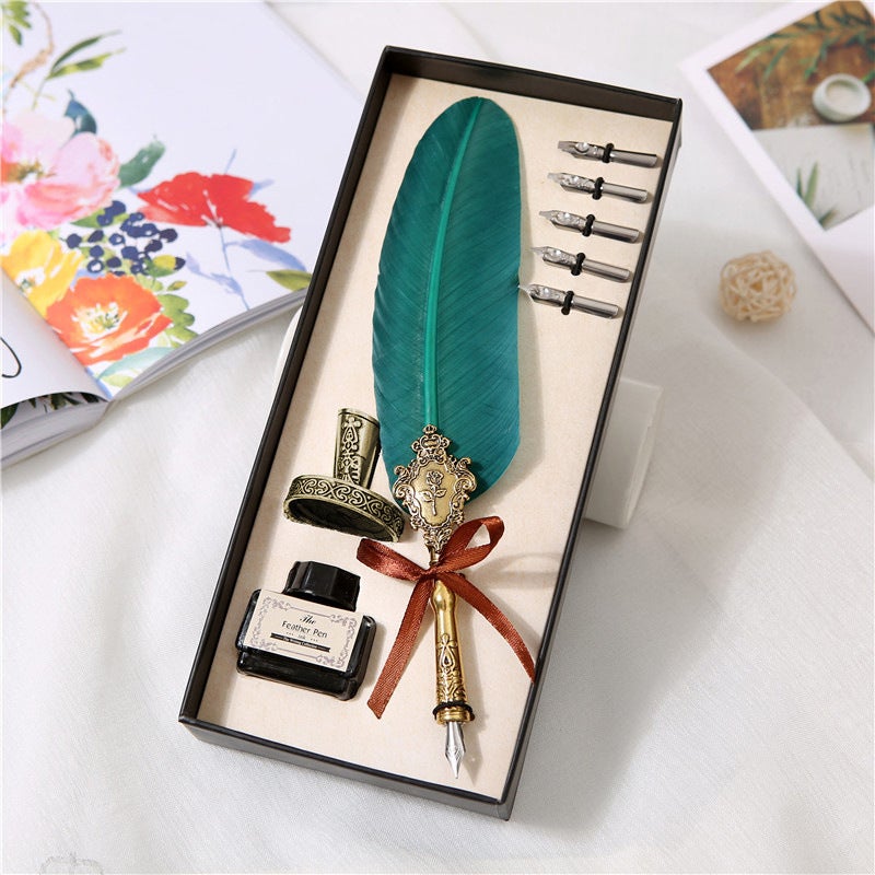 Generic Vintage Turkey Feather Dip Pen Set Business Gift SP021035 dark green 