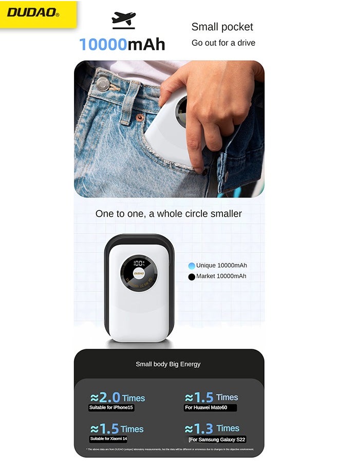 DUDAO - 10000 mAh Power Bank, Portable Charger with 2 Fast Charging Cable, with LED Digital Display, Suitable for Phones Tablet Game Console - Image 1