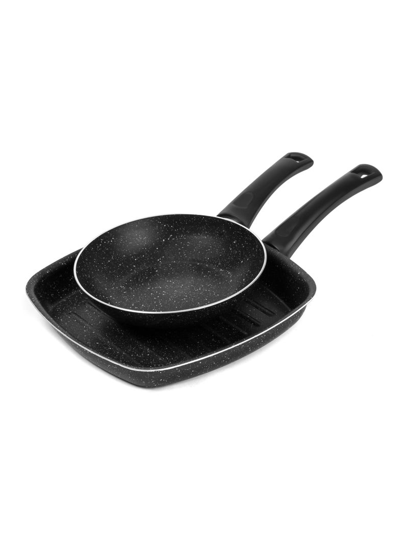 LAZORD Granite Cooking Frying Pan Size 22 And Grill Pan Size 27 Black 