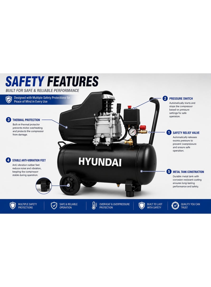 هيونداي ضاغط هواء هيونداي HP-5025A، سعة 50 لتر، بقدرة 2.5 حصان يعمل بالزيت، ضغط 120 PSI، سرعة 2800 دورة بالدقيقة، مناسب للورش والكراج - Image 5