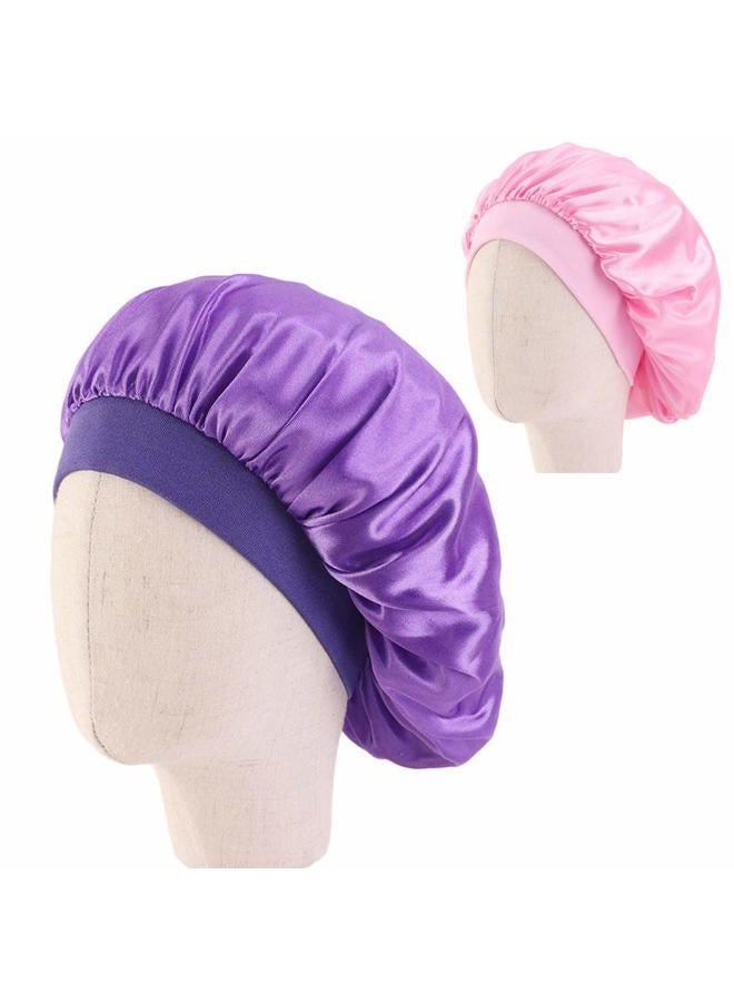 Teensery 2 Pcs Kids Satin Sleeping Caps Head Cover Bonnet with Elastic Band Hair Care Cap Night Hat for Baby Toddler Teens (Purple and Pink) - Image 1