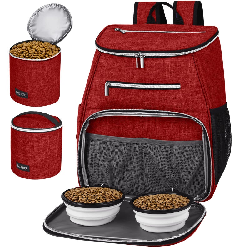 BAGLHER Dog Travel Bag Backpack Airline Approved Pet Supplies Backpack Dog Travel Backpack with 2 Silicone Collapsible Bowls and 2 Food Baskets Red