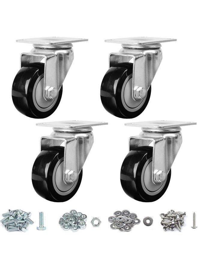 Finnhomy 3 Inch Swivel Casters Wheels Set of 4 Heavy Duty Plate Casters Premium Polyurethane PU Wheels for Furniture/Workbench Load Bearing 2,200 Lbs Anti-wear Smooth Casters Black (Free Screws) - Image 1