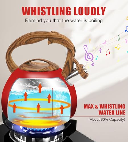 Foedo Festive Red Stovetop Whistling Tea Kettle 3.2 Quart - Stainless Steel with Wood Grain Handle, Loud Christmas Whistle for Boiling Water, Holiday Cocoa & Milk, Easy-Pour Spout Classic Design - Image 4